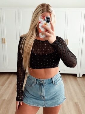 Black Sheer Mesh Crop Top with glitter
